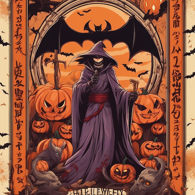 Conception d'affiche d'Halloween vintage avec papier peint de personnage de chauve-souris fantôme de démon de diable de vecteur