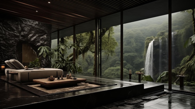 Conception d'appartement de maison avec fenêtre panoramique matériaux naturels pierre bois granit plantes minimalisme IA générative