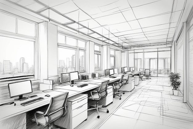 Conception d'architecture de bureau moderne abstraite dans un wireframe 3D