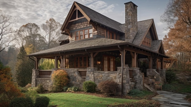 Conception d'architecture de maison dans le style de la ferme avec porche enveloppant