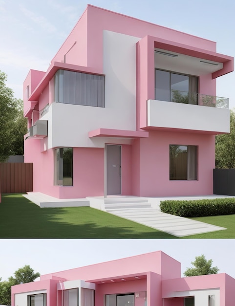 Conception d'architecture de maison rose moderne avec des lignes épurées et élégantes et des détails dans des tons roses