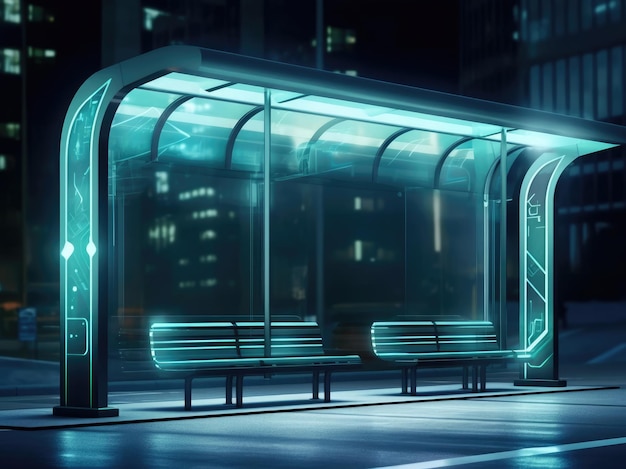 Conception d'arrêt de bus en métal de verre avec panneau vide pour panneau d'affichage dans une ville futuriste