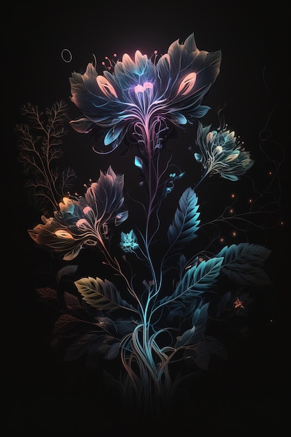 Conception d'art d'illustrations de fleurs rougeoyantes pour affiche, impression ou numérique, isolée en noir foncé