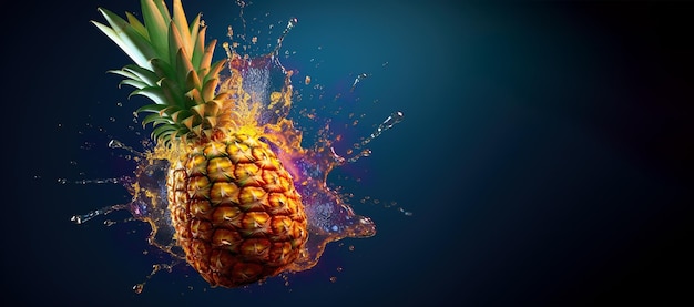 Conception artistique avec explosion de jus d'ananas coupé et éclaboussures d'eau générées par Ai