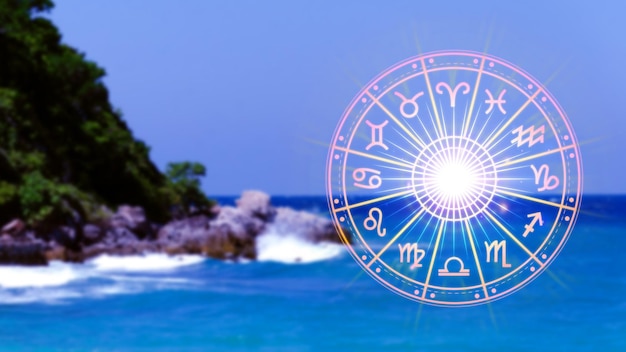 Photo conception de l'astrologie et de l'horoscope personne à l'intérieur d'une roue de signe du zodiaque signes astrologiques du zodiac à l'extérieur du cercle de l'horoscope astrologie connaissance des étoiles dans le ciel pouvoir de l'univers concept