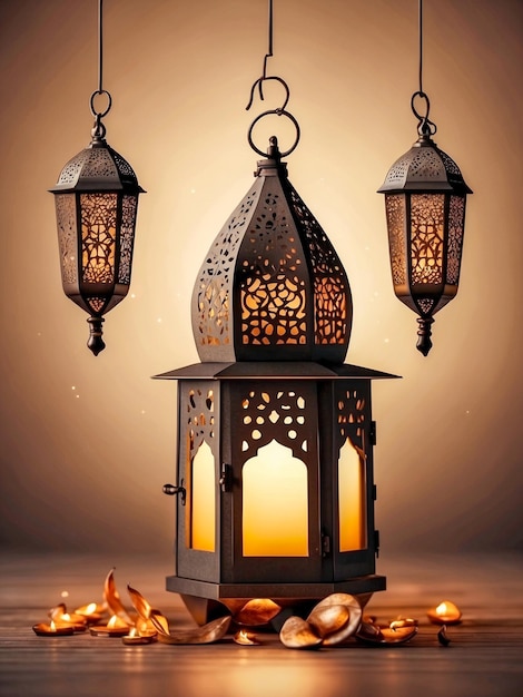 Photo conception atmosphérique du ramadan et de l'aïd en or avec décor de lanternes et éclairage pour la publicité