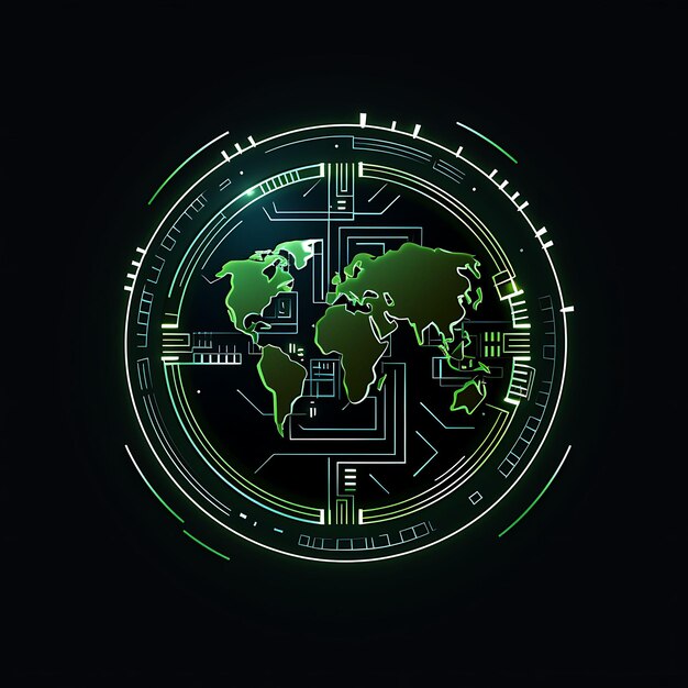 Conception au néon du logo du globe avec des flèches et des engrenages vert terreux et métallique S Clipart idée tatouage