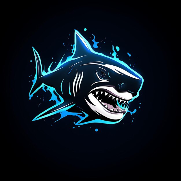 Conception au néon du logo du requin féroce avec des dents pointues et des vagues qui s'écrasent sur les nageoires et une idée de tatouage Clipart
