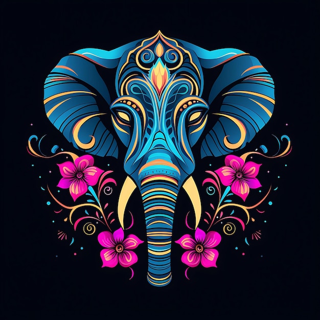 Conception au néon du logo de l'éléphant majestueux avec une fleur de lotus et une idée de clipart abstraite de mandala