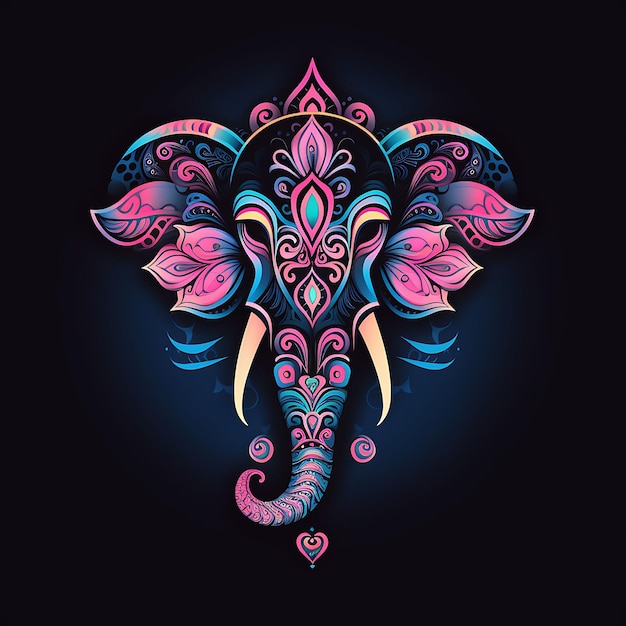 Conception au néon du logo de l'éléphant majestueux avec fleur de lotus et mandala abstrait clipart idée tatouage