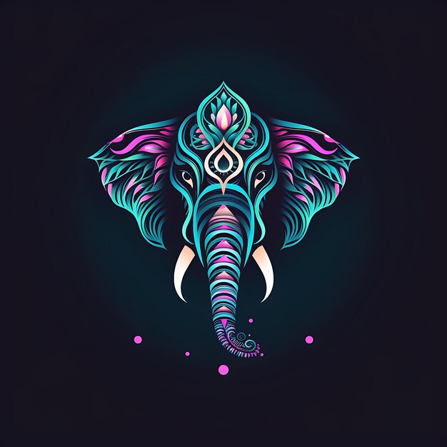 Conception au néon du logo de l'éléphant majestueux avec fleur de lotus et mandala abstrait clipart idée tatouage