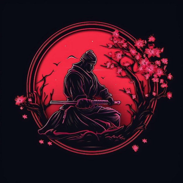 Conception au néon du logo samouraï féroce avec Katana et fleurs de cerisier, idée de tatouage japonais Clipart