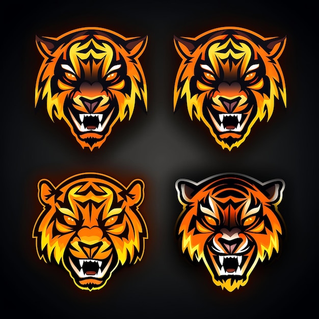 Conception au néon de l'icône du visage du tigre Emoji avec un jeu d'autocollants Fierce Playful Surprised et Slee Clipart