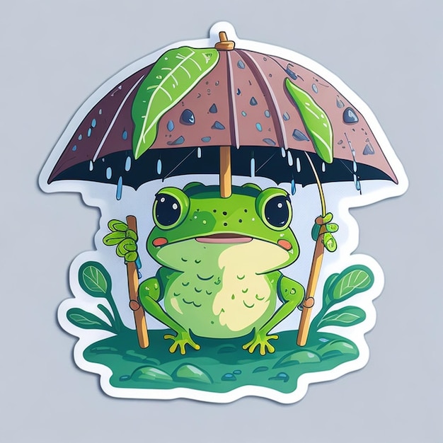 conception d'autocollant découpé sur le thème d'un joli personnage de grenouille utilisant un parapluie généré par l'IA