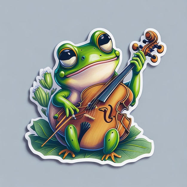 conception d'autocollant découpé avec le thème d'un personnage de grenouille jouant du violon AI généré