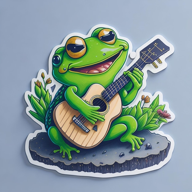 conception d'autocollant découpé sur le thème d'un personnage de grenouille jouant de la guitare AI généré
