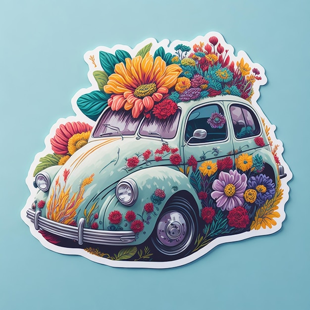 Conception d'autocollant de voiture de style vintage généré par AI avec une flore et des fleurs colorées