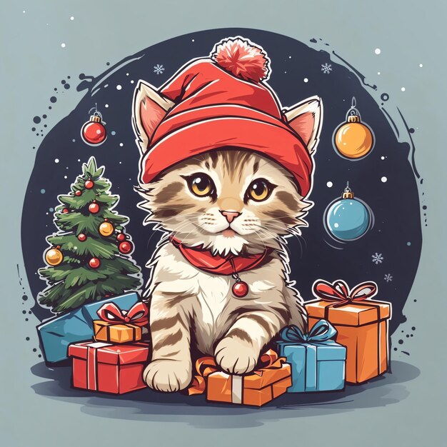 Chaton Mignon Avec Bandeau De Renne Dans Une Boîte De Noël Rouge Et  Illustration Lumineuse Colorée