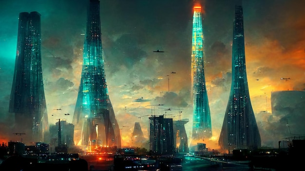 Conception de l'avenir du métropolitain avec beaucoup de bâtiments en ville
