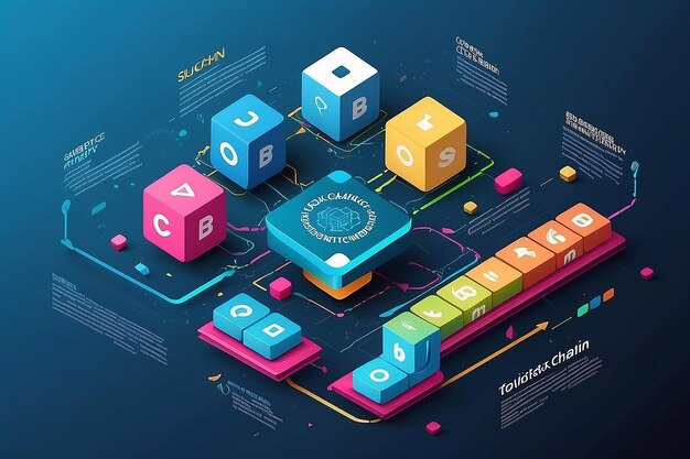 Conception de bannière coulissante de blockchain avec illustration de chaîne de blocs isométriques et illustration vectorielle de texte