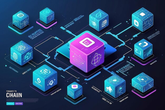 Conception de bannière coulissante de blockchain avec illustration de chaîne de blocs isométriques et illustration vectorielle de texte