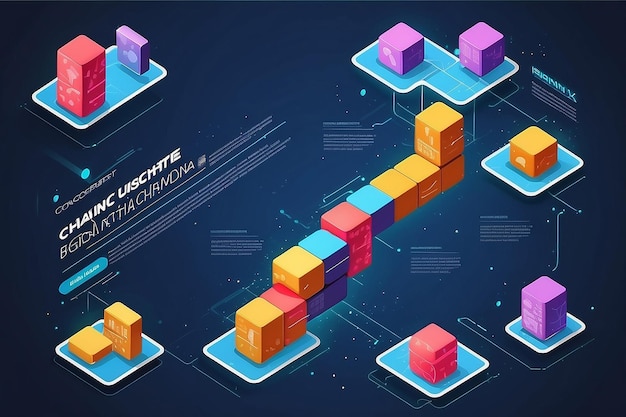 Conception de bannière coulissante de blockchain avec illustration de chaîne de blocs isométriques et illustration vectorielle de texte