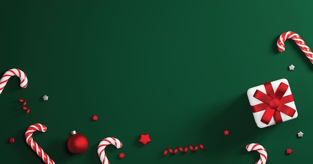 Conception de bannière de noël de boîte-cadeau boule de noël canne en bonbon et étoile sur fond vert avec copie espace rendu 3D