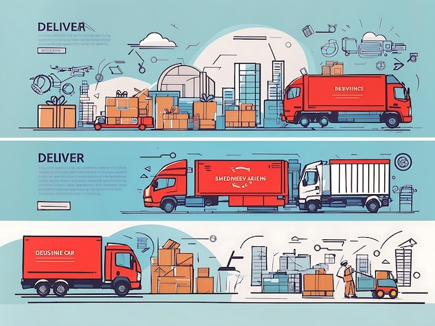 Photo conception de bannières horizontales à lignes minces vectorielles de livraison d'achats et de fret concept d'entreprise