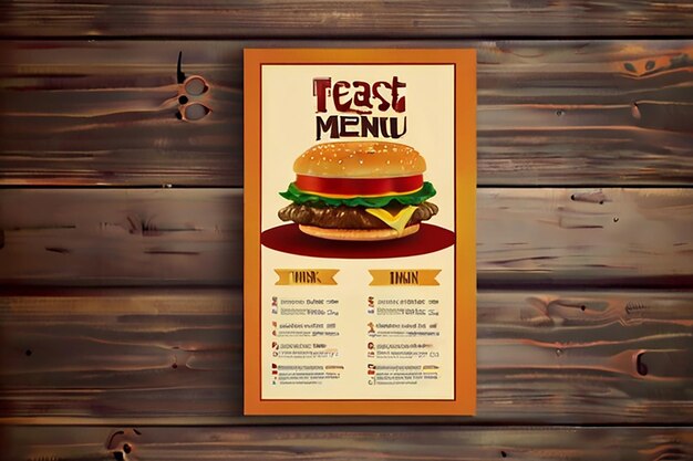 Conception d'une brochure de menu de fast-food sur un modèle vectoriel à fond en bois