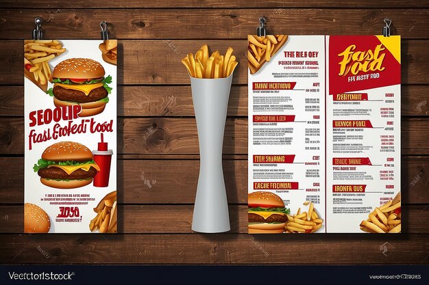 Conception d'une brochure de menu de fast-food sur un modèle vectoriel à fond en bois