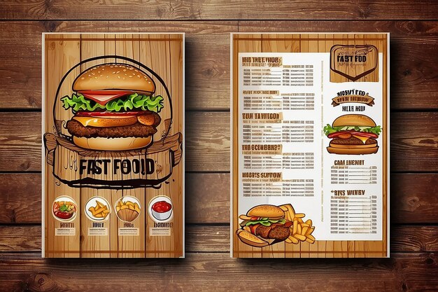 Conception d'une brochure de menu de fast-food sur un modèle vectoriel à fond en bois