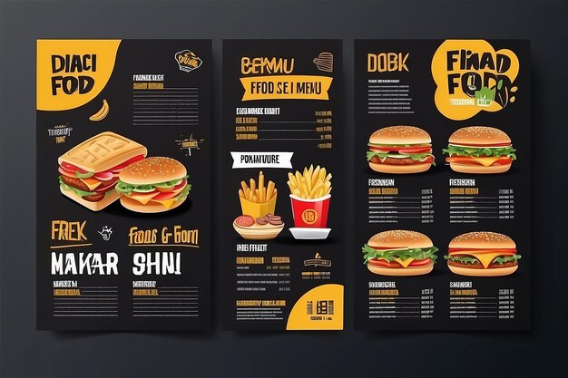 Conception d'une brochure de menu de restauration rapide sur un modèle vectoriel à fond sombre