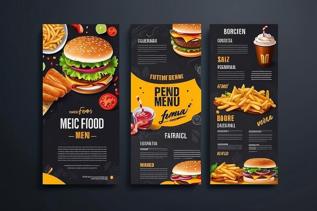 Conception d'une brochure de menu de restauration rapide sur un modèle vectoriel à fond sombre