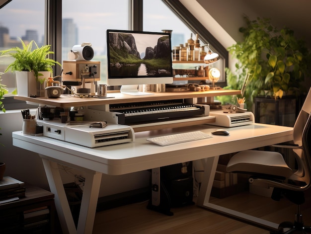 conception d'un bureau debout dans le bureau à domicile Le bureau dispose d'un petit écran numérique généré