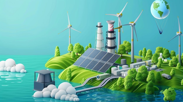Photo conception d'une centrale d'énergie renouvelable générant de l'hydrogène vert, du gaz et de l'électricité sans carbone
