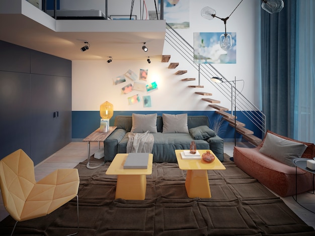 Conception d'une chambre d'adolescent dans un style loft avec un canapé et un meuble TV et un escalier menant au deuxième niveau.