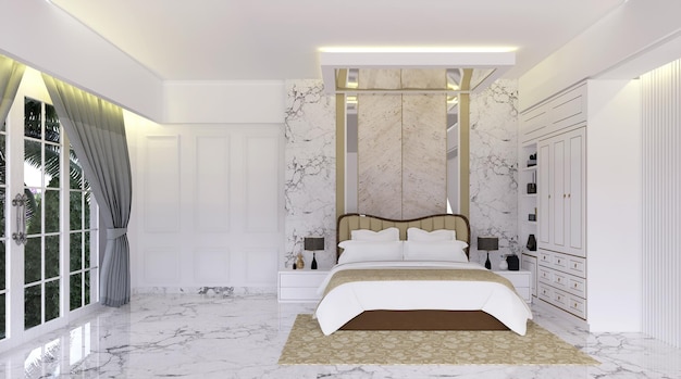 Conception de chambre blanche moderne avec fond de luxe et porte coulissante classique