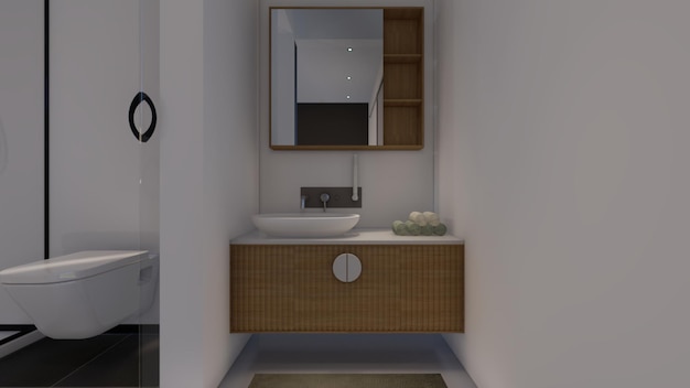 Conception de chambre à coucher avec miroir de meuble suspendu lavabo illustration 3d