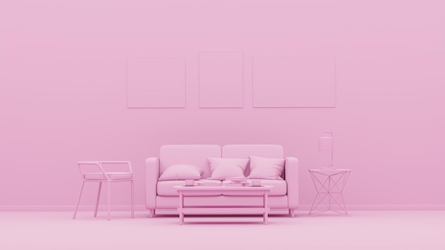 Conception de chambre intérieure créative en studio rose avec canapé confortable salon moderne concept minimal rendu 3d