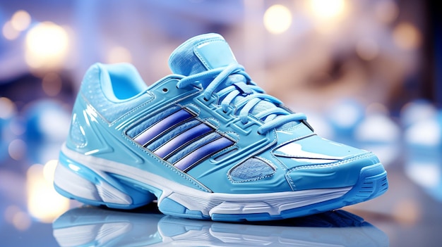 Conception de chaussures de sport bleues modernes en gros plan et arrière-plan à la mode