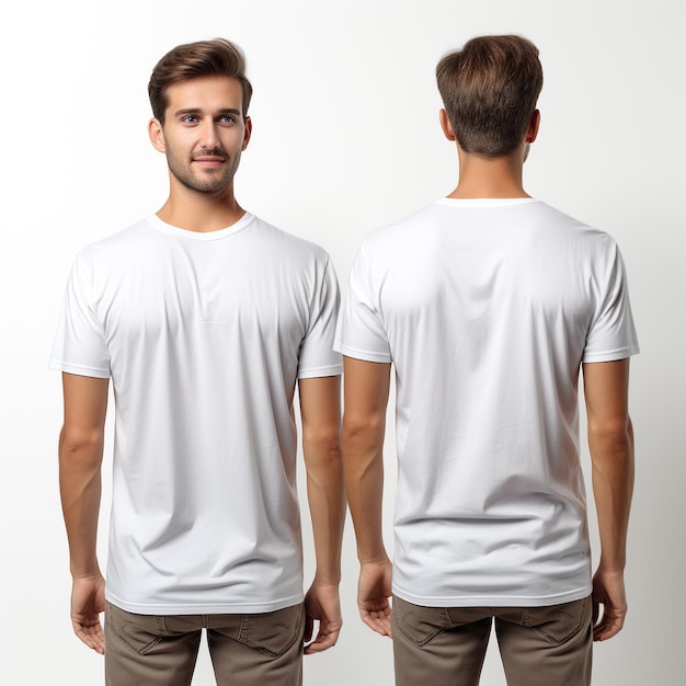 Conception de chemise et concept de personnes gros plan de jeune homme en t-shirt blanc vierge avant et arrière isolés