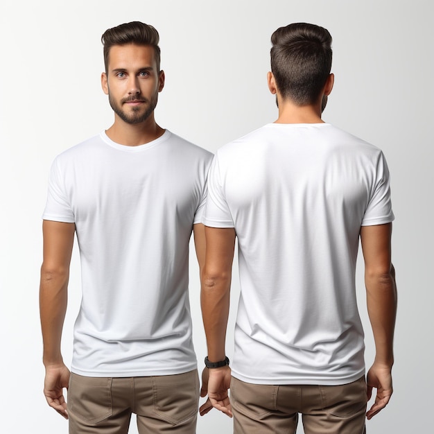 Conception de chemise et concept de personnes gros plan de jeune homme en t-shirt blanc vierge avant et arrière isolés