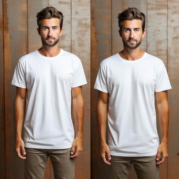 Conception de chemise et concept de personnes gros plan de jeune homme en t-shirt blanc vierge avant et arrière isolés