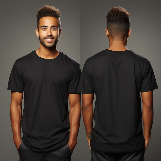 Photo conception de chemise et concept de personnes gros plan de jeune homme en t-shirt noir vierge avant et arrière isolés