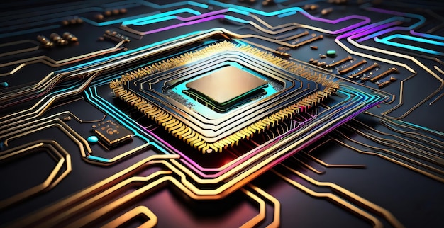 Conception de circuit de technologie abstraite d'une carte d'ordinateur et d'un processeur créés avec l'IA générative
