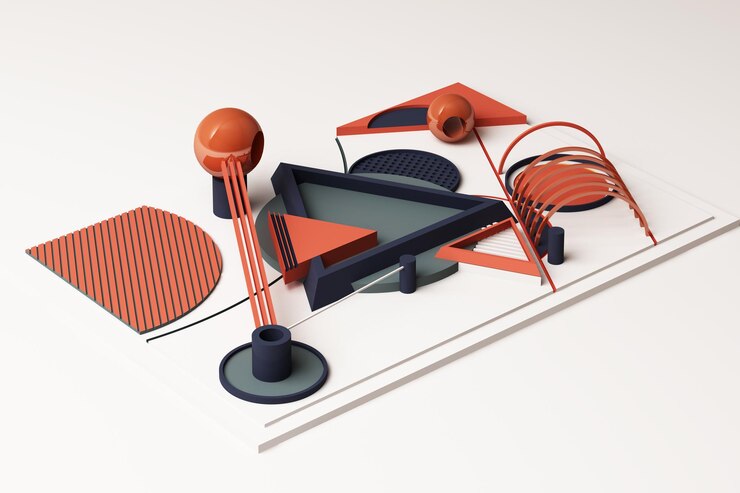 Photo conception avec composition de formes de style géométrique de memphis dans des tons orange et bleu illustration de rendu 3d