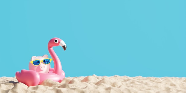 Conception de concept d'économies de voyage de tirelire avec lunettes de soleil et flamant rose gonflable sur la plage de sable Rendu 3D d'été tropical