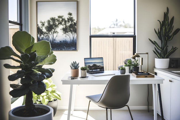 la conception de concept d'intérieur de bureau à domicile présente une belle plante naturelle qui crée une atmosphère apaisante