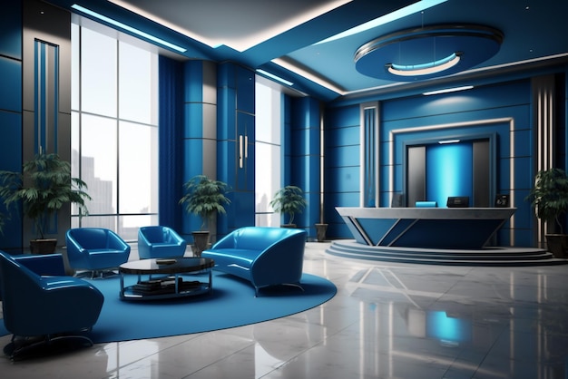 Conception contemporaine de l'intérieur de la zone de lobby bleue Illustration générative ai
