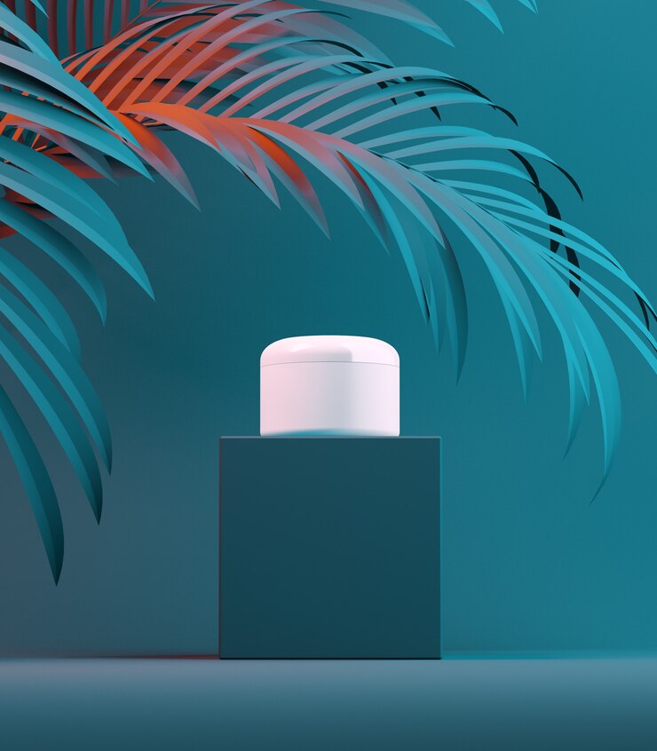 Photo conception de couleur de crème cosmétique naturelle, sérum, emballage de bouteille vierge de soins de la peau avec des feuilles d'herbe, produit bio biologique. concept de beauté et de spa. illustration 3d